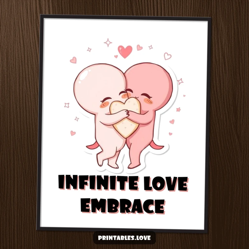 Funny poster showcasing two heart characters in a tight, loving hug amidst a captivating display of sparkling, swirling magical lines.