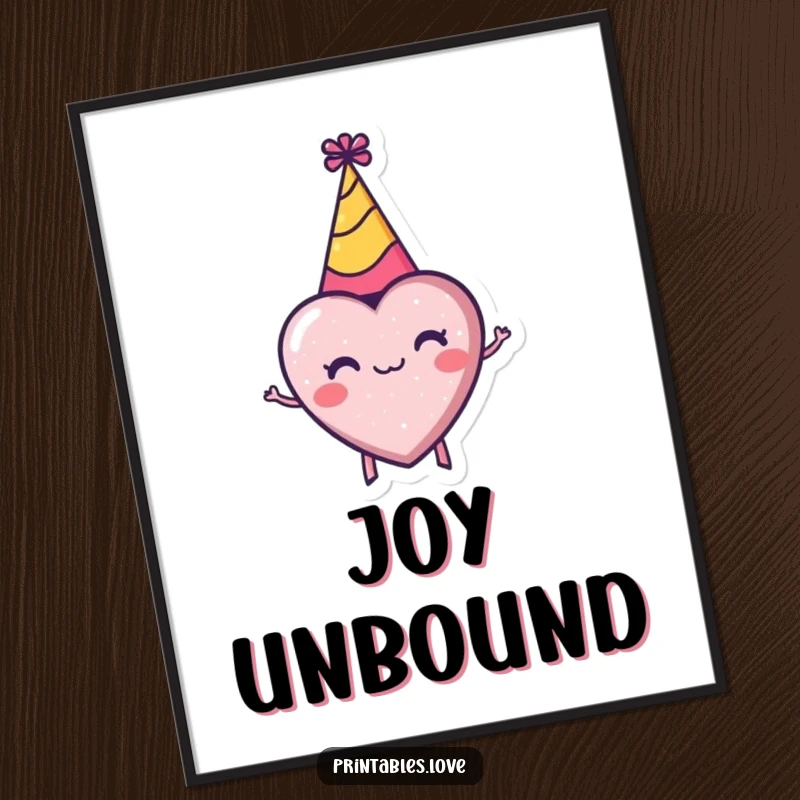 Funny poster displaying a tiny heart with a party hat, spinning with immense enthusiasm and festive joy.