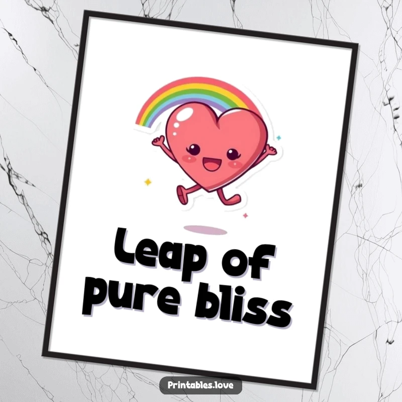 Funny poster featuring a heart character mid-leap, leaving a vibrant rainbow arc, symbolizing excitement, joy, and optimism.