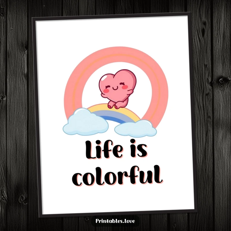 Funny poster featuring a rosy-cheeked heart character sliding down a bright, colorful rainbow with pure glee.
