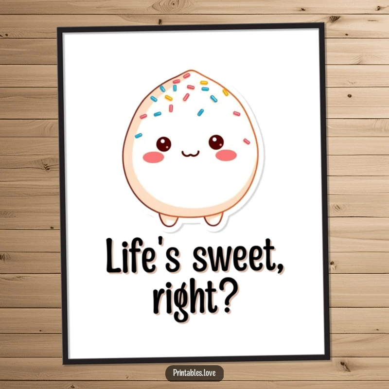 Funny cheerful mochi character, happily coated in sprinkles, as vibrant wall art for a cheerful space.