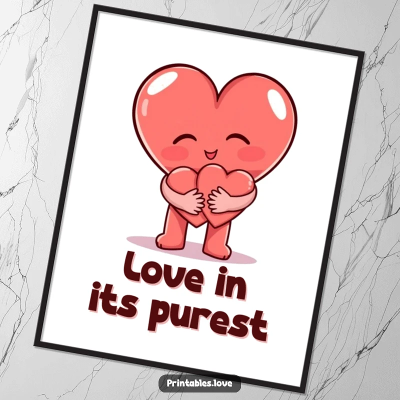 Funny Poster print of a big heart character giving a warm hug to a smaller heart character, symbolizing love and tenderness.