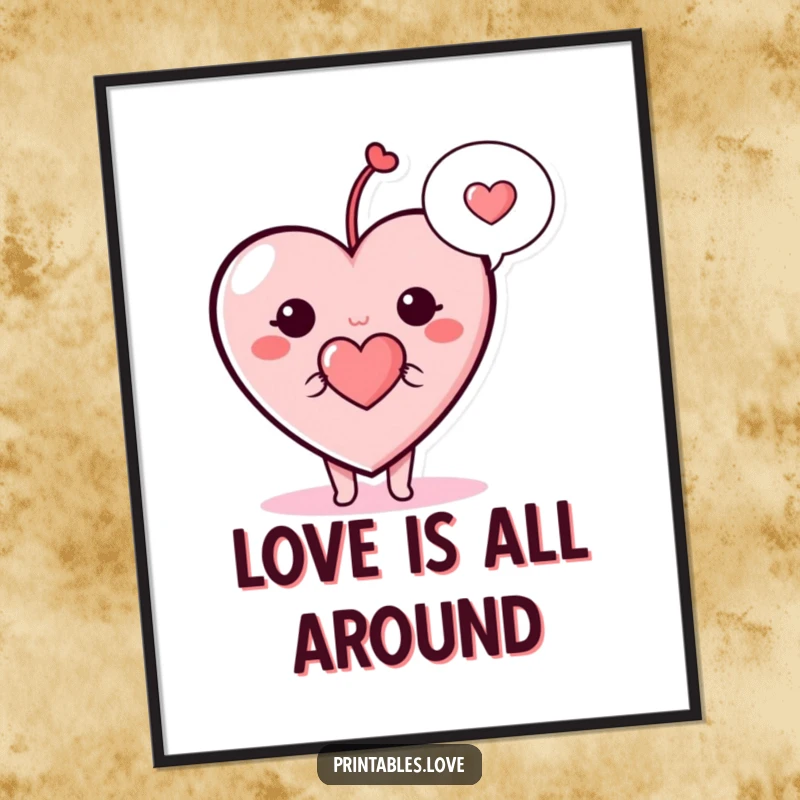 Funny heart poster, a cute cartoon heart character with a speech bubble holding a tiny heart, conveying love.