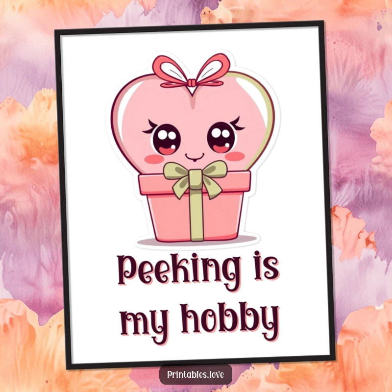 Funny poster displaying a heart with wide, curious eyes peeking from the shadows of a gift box, creating intrigue.