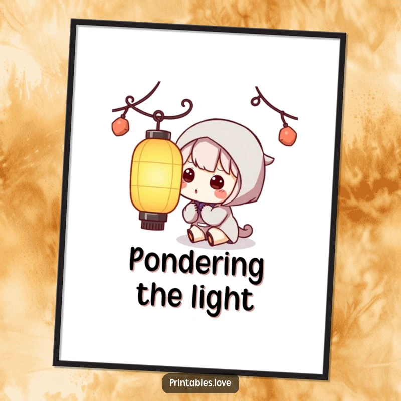 Funny Kawaii Lantern Poster: A stunning art print of a cute character looking inquisitively at a softly glowing paper lantern.