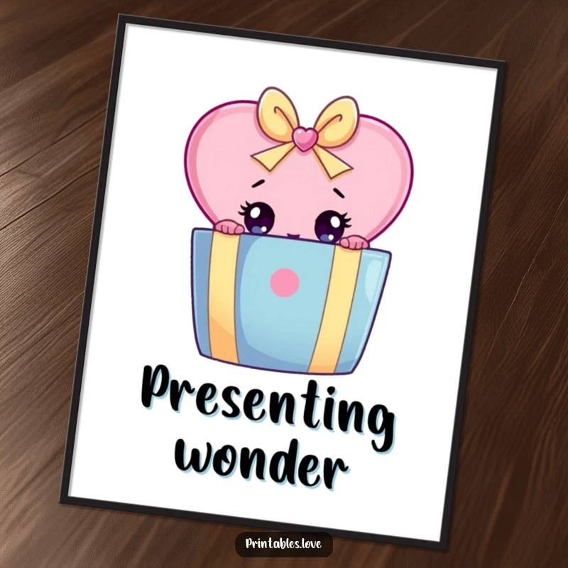Funny poster featuring a heart character with wide, curious eyes peeking from behind a vibrantly wrapped gift box.