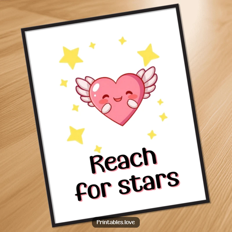 Funny poster art of a heart character with radiant wings, joyfully flying through a beautifully rendered starry, cosmic landscape.