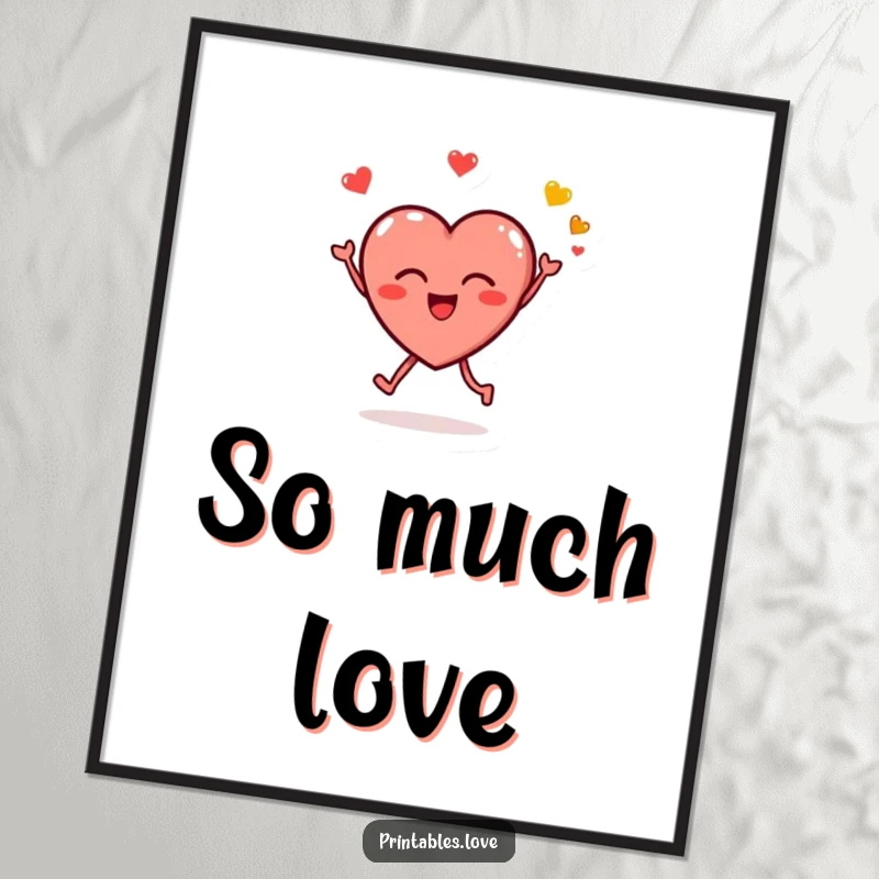 Funny poster featuring a small, round heart character joyfully leaping and blowing kissy emojis, radiating love and cheerful energy.