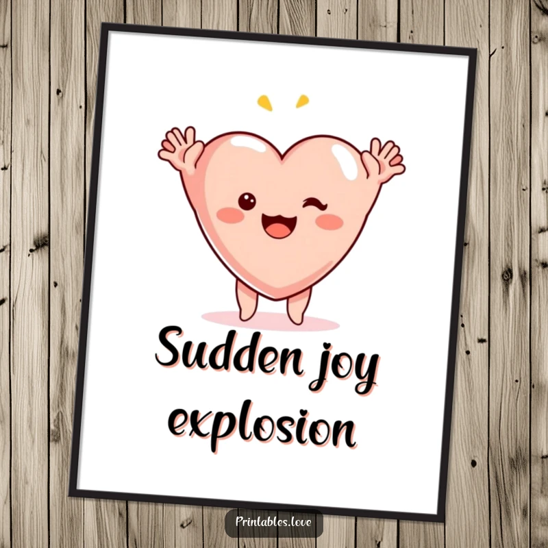 Funny surprise heart poster, a cheerful heart illustration with arms in the air, expressing elated, comic surprise for wall decor.