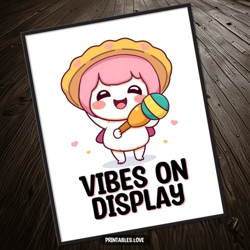 Funny Kawaii poster print of a cute character joyfully shaking a maraca, adding a touch of vibrant celebration.