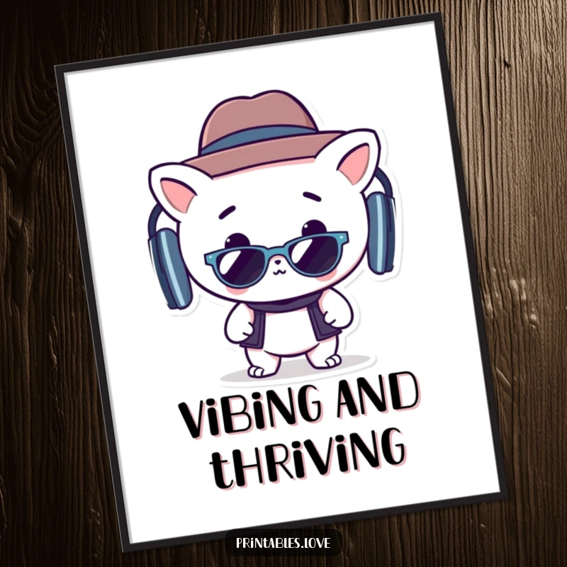 Funny poster print of a cute Kawaii character with a hat and sunglasses, grooving joyfully, perfect for stylish decor.
