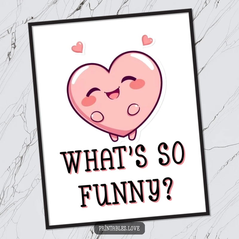 Funny poster print of a giggling heart character looking over its shoulder with a mischievous grin. Playful and humorous wall art.