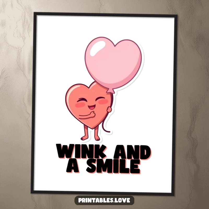 Funny poster showcasing a heart character winking playfully while holding a large, slightly deflated balloon, embodying humorous acceptance.