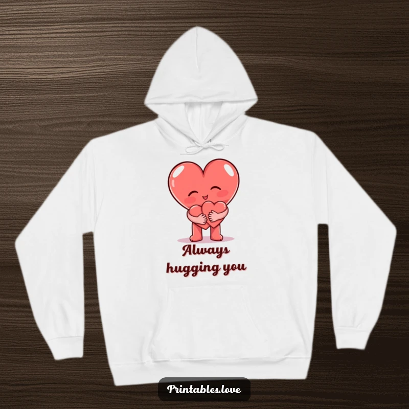Funny Hoodie depicting a big heart character embracing a smaller heart character, a symbol of comfort and love.