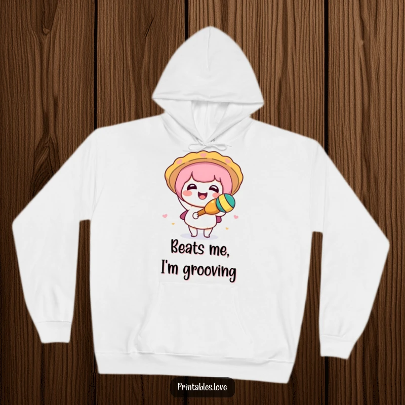 Funny Kawaii hoodie with a cute, smiling character joyfully shaking a maraca, embodying pure festive excitement.