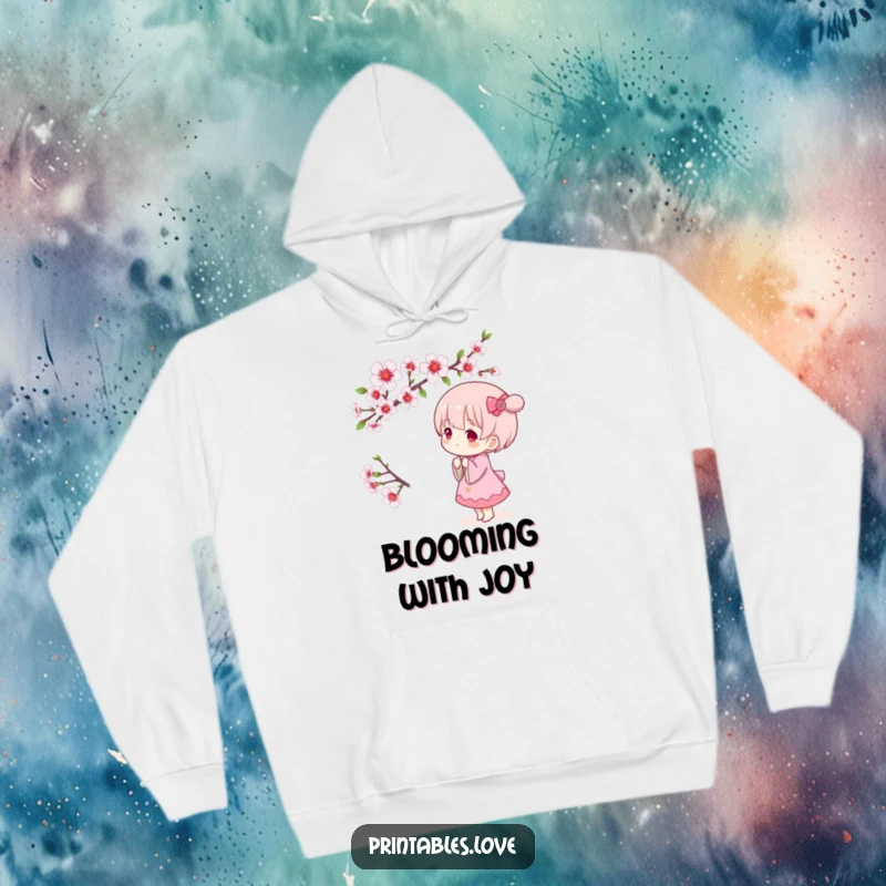 Funny Kawaii hoodie with a cute character peacefully admiring a blooming cherry blossom branch, offering warmth and spring vibes.