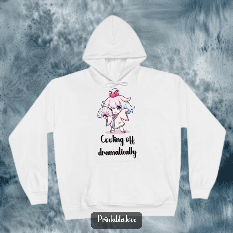 Funny Hoodie showcasing a Kawaii character striking a dramatic pose with a fan, a symbol of expressive personality and flair.
