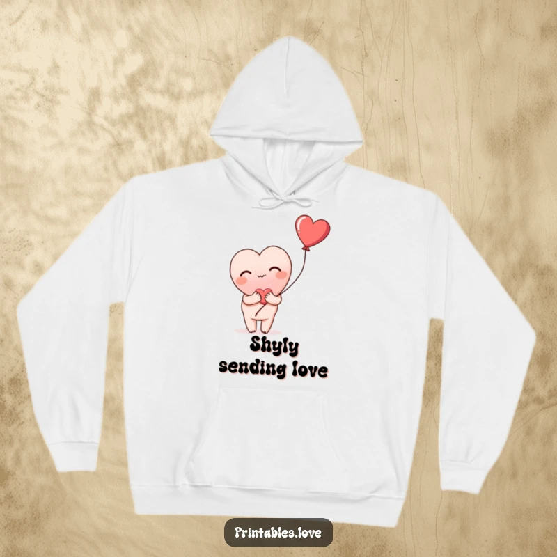 Funny hoodie with a heart blushing shyly and holding a heart balloon, perfect for cozying up with sweet feelings, a gift.