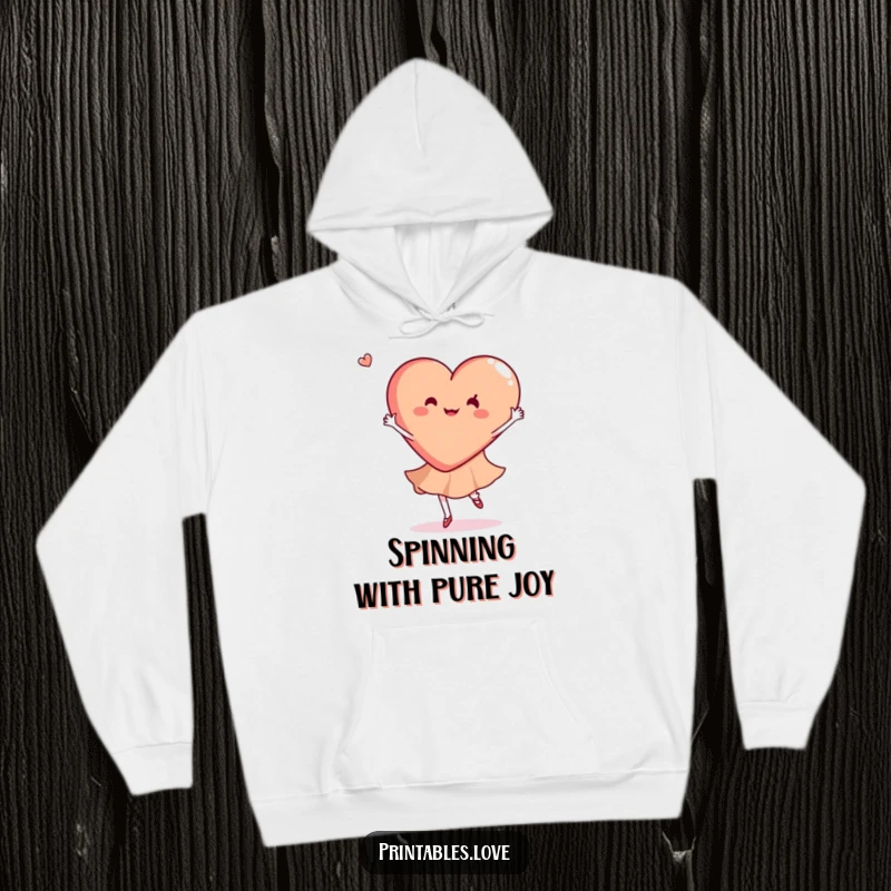 Funny hoodie with a heart gracefully twirling in a joyful dance, perfect for cozy vibes and happy moments, a gift.