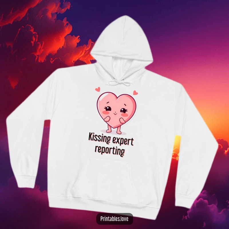 Funny heart character hoodie, playfully blowing a kiss with cheeks puffed out, offering cozy comfort and cheerful affection.