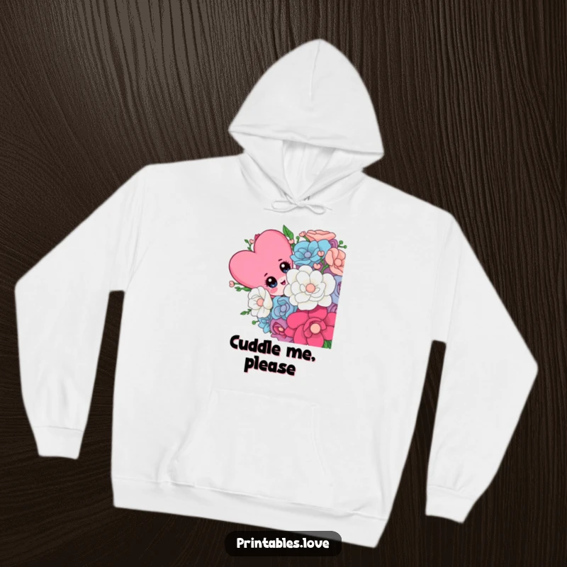 Funny hoodie showcasing a cute heart character with playful eyes peeking out from behind an enormous, colorful bouquet of flowers.