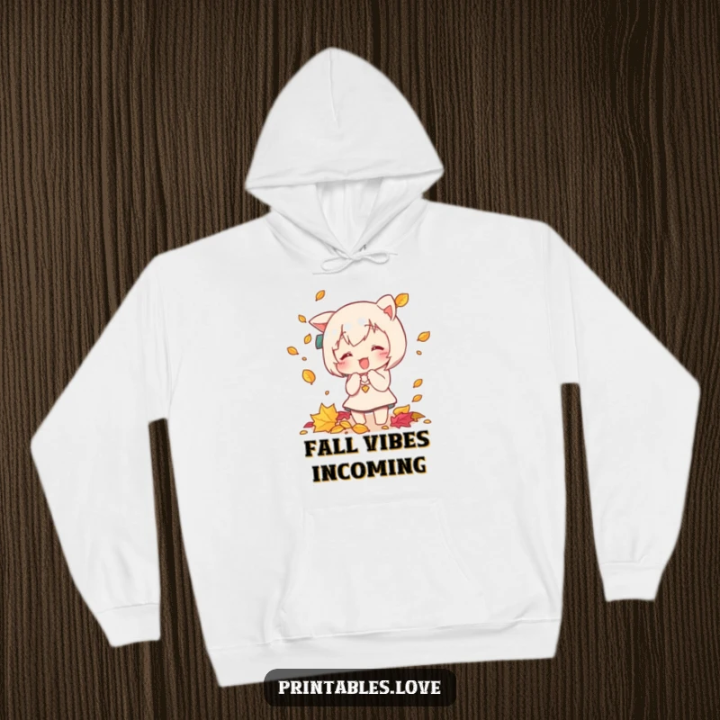 Funny Kawaii hoodie depicting a joyful character enthusiastically trying to catch falling autumn leaves, perfect for cozy wear.