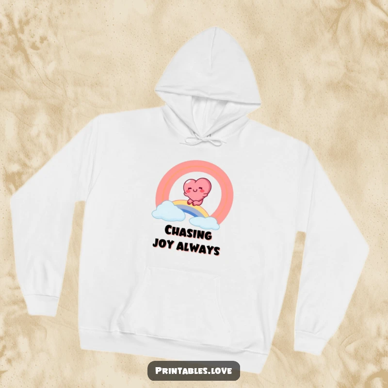 Funny hoodie featuring a rosy-cheeked heart character sliding down a vibrant rainbow with evident glee.