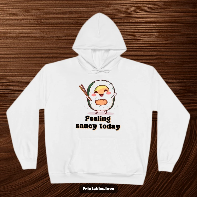 Funny sushi roll hoodie featuring a smiling character dancing with chopsticks, perfect for staying warm and cheerful during colder months.