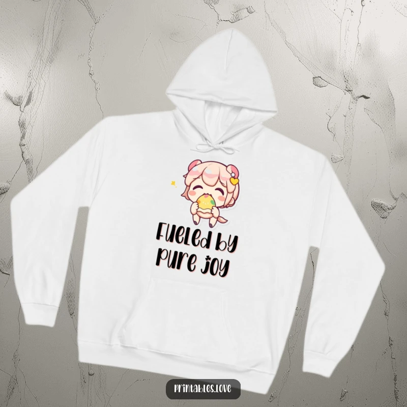 Cozy funny hoodie featuring an adorable Kawaii character happily devouring a colorful sweet treat.