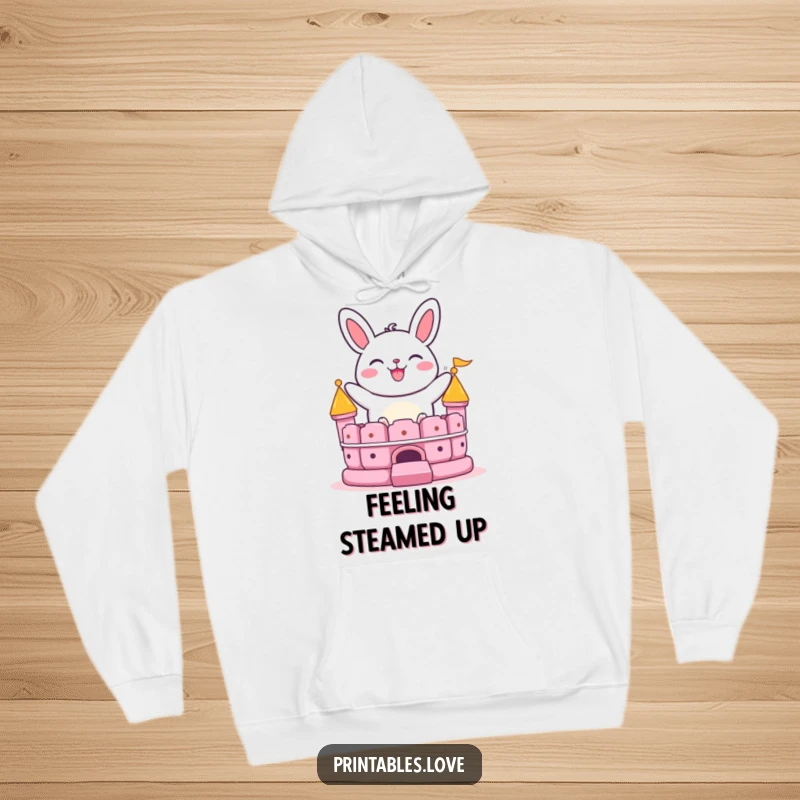 Funny bao bun hoodie featuring a grinning character bouncing on a bouncy castle, perfect for staying warm and cheerful.