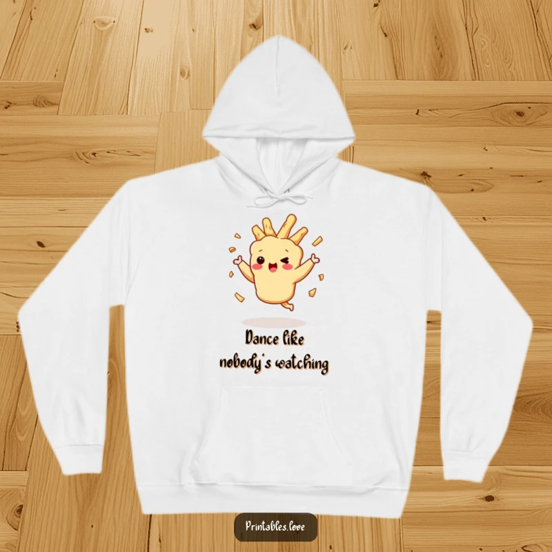 Funny dancing tempura character, crispy bits aflutter, on a soft and cozy hoodie, ready for fun.