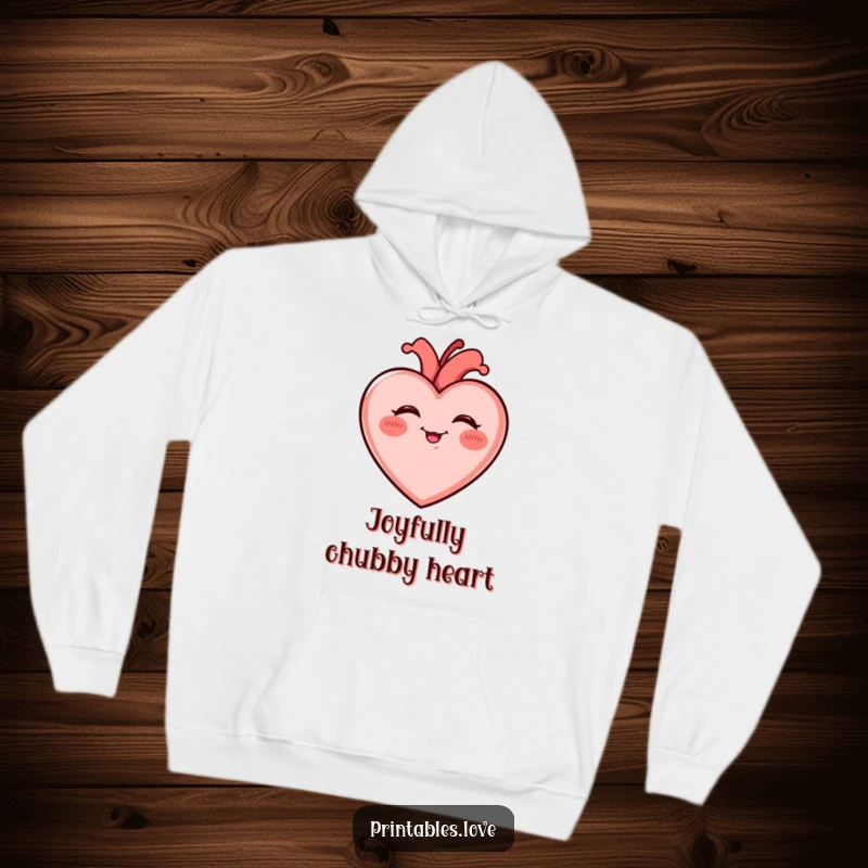 Funny Giggling Heart Hoodie with rosy cheeks, giggling uncontrollably, embodying cozy comfort and infectious, heartwarming laughter.