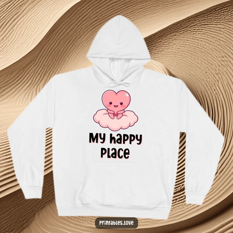 Funny hoodie featuring a smiling heart character relaxing on a heart-shaped cloud, offering cozy comfort.