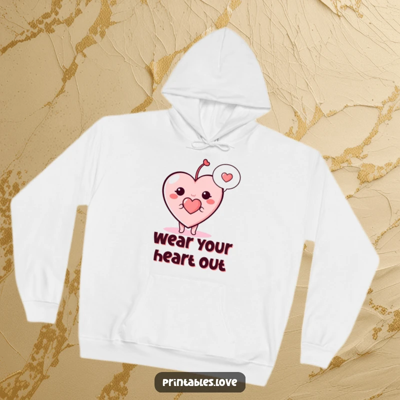 Funny heart hoodie, a cute cartoon heart character with a speech bubble holding a tiny heart, embodying warmth.