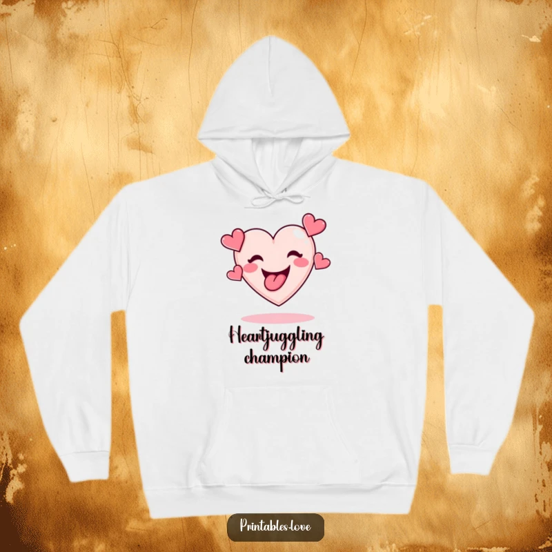Funny hoodie depicting a whimsical heart with its tongue out, juggling smaller hearts in a playful, energetic manner.