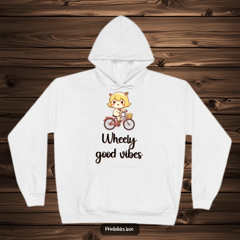 Funny hoodie featuring a cheerful Kawaii character riding a bicycle with a basket, perfect for cozy adventures.