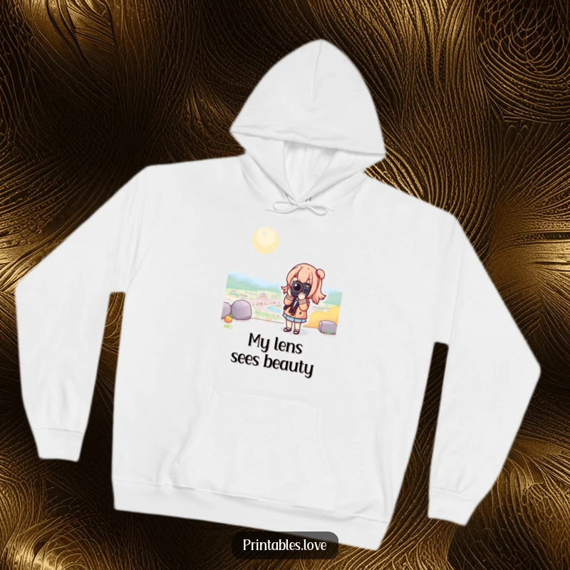 Funny Kawaii Camera Hoodie: A cozy hoodie with a cute character posing stylishly with a camera in a beautiful setting.