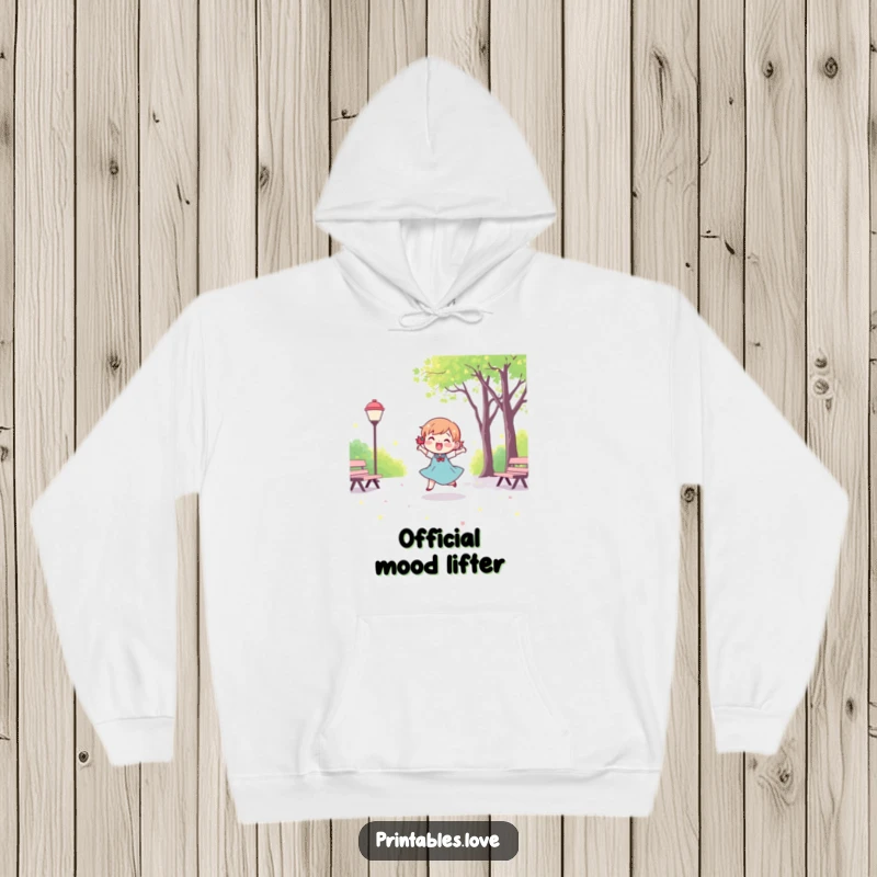 Funny Kawaii Dancing Character Hoodie: A snuggly hoodie with a cute character joyfully dancing amidst a park landscape.
