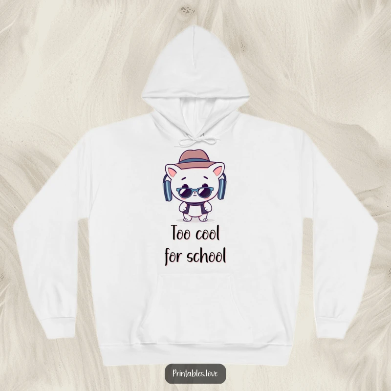 Funny hoodie featuring a stylish Kawaii character in a hat and sunglasses, grooving to music with a joyful vibe.