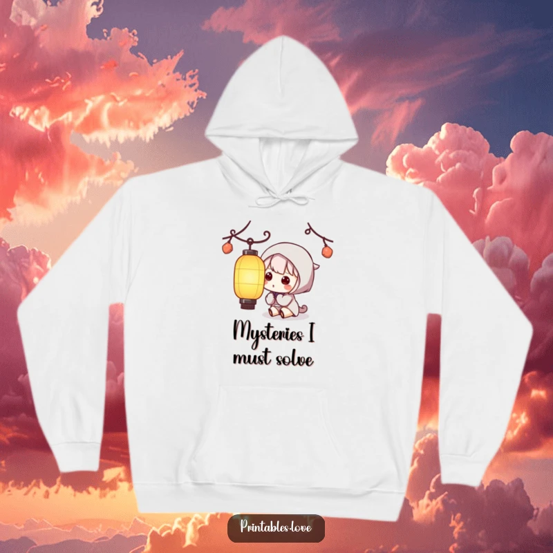Funny Kawaii Lantern Hoodie: A warm hoodie with a cute character examining a delicate paper lantern with fascination.