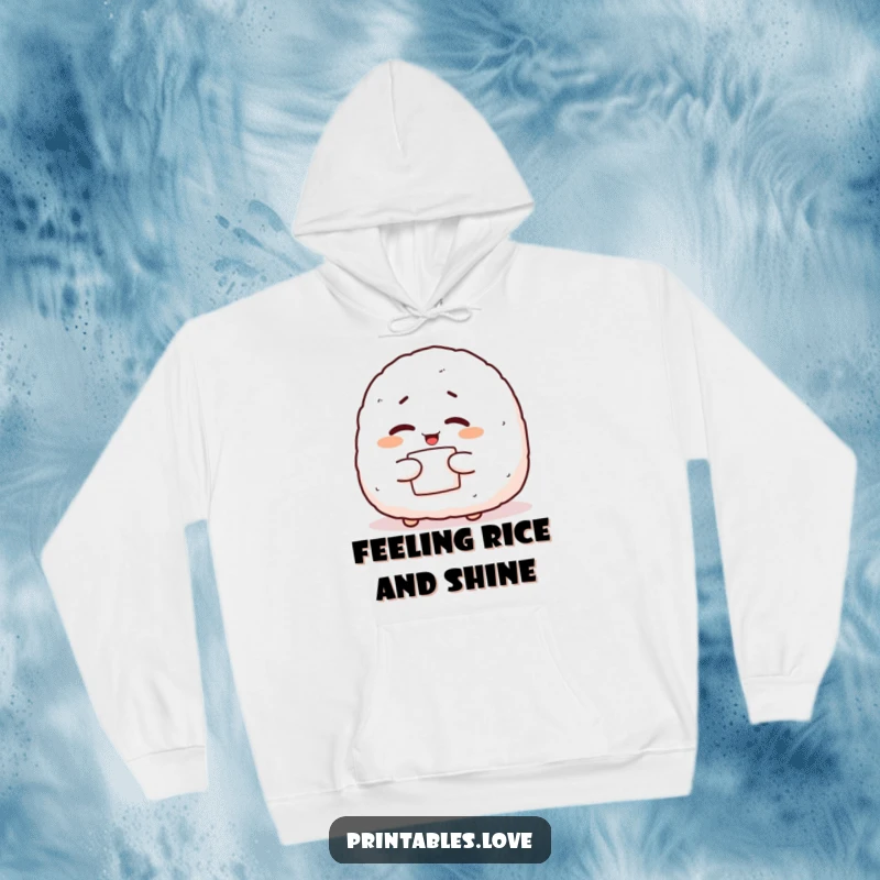 Funny onigiri hoodie featuring a giggling character winking with nori, perfect for staying warm and cheerful with a hint of mischief.