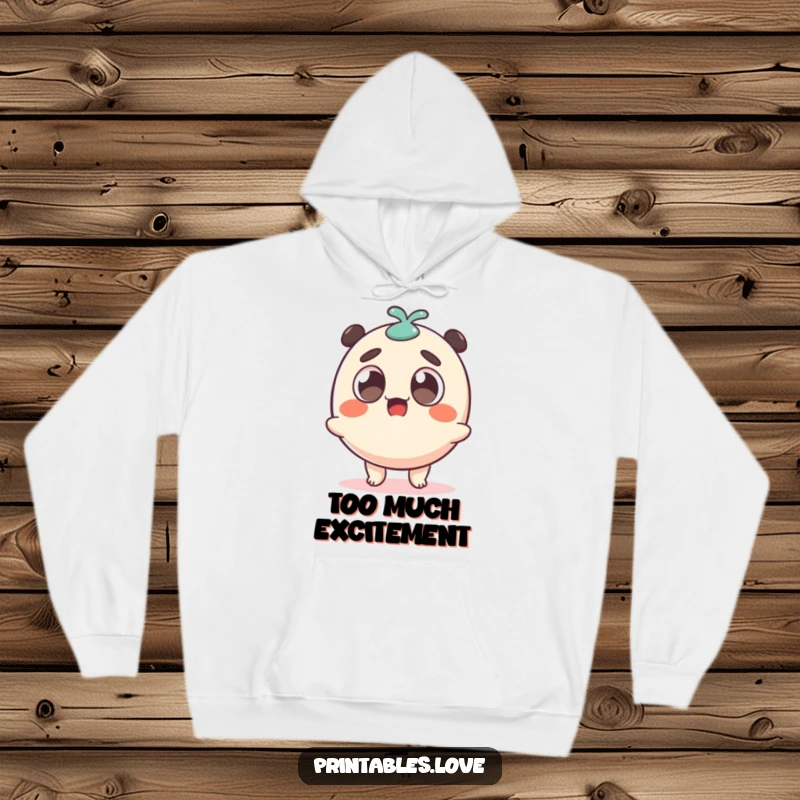 Funny surprised dango character, large eyes, wobbling enthusiastically, featured on a soft, warm hoodie.