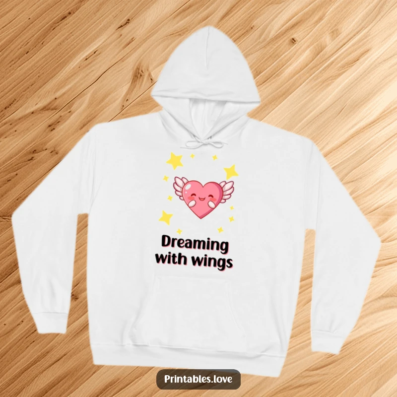 Funny hoodie featuring a whimsical winged heart character joyfully navigating a beautiful, starry night sky, bringing cozy vibes.