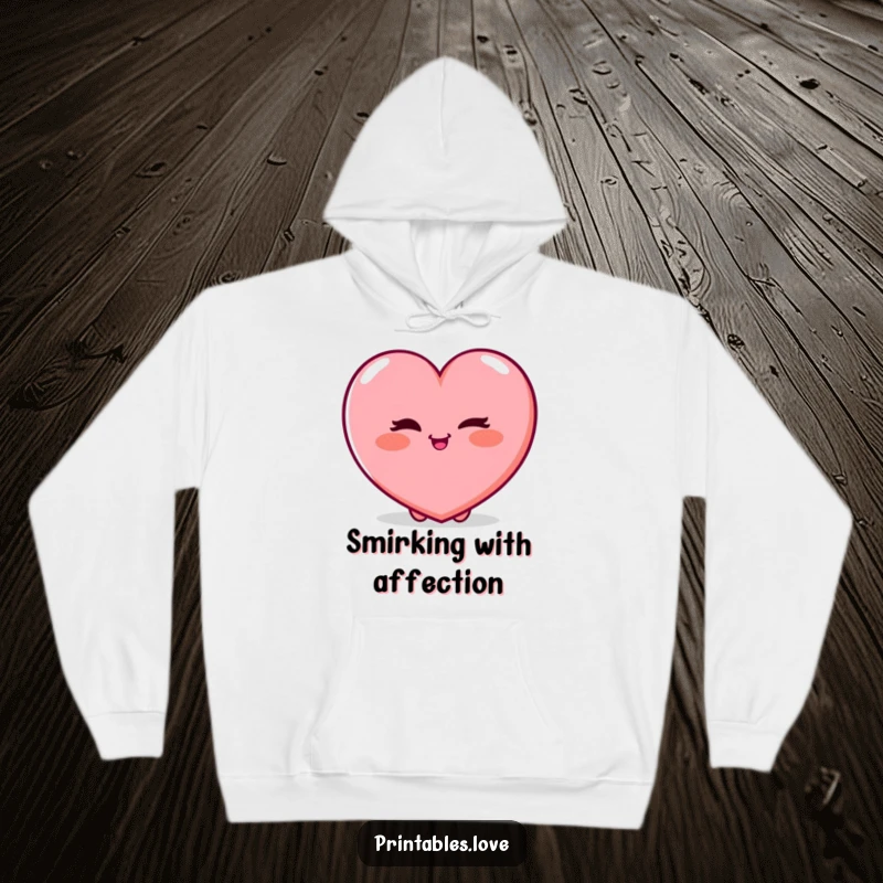 Funny Hoodie showcasing a plump heart character winking playfully with a rosy blush, radiating warmth and charming mischief.