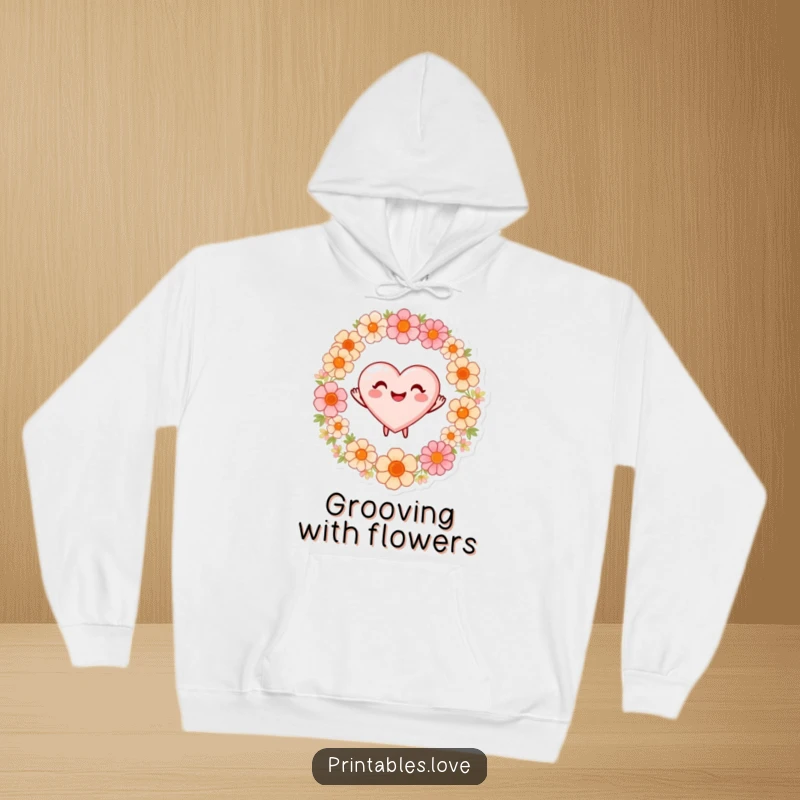 Funny hoodie with a smiling heart character joyfully dancing around a vibrant circle of fresh flowers.