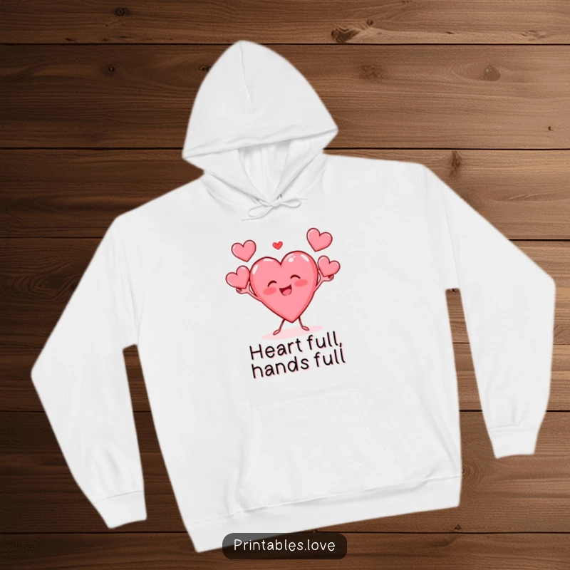 Funny hoodie showcasing a cheerful heart character gleefully juggling smaller hearts, perfect for cozy laughter.
