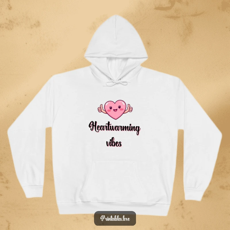 Funny hoodie featuring a small, pink heart character with tiny arms giving a thumbs up, radiating warmth and positivity.