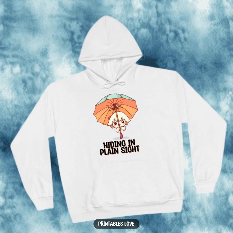 Funny Hoodie featuring a Kawaii character peeking from behind a large umbrella, offering a sense of cozy privacy and playful charm.