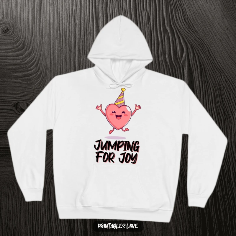 Funny Party Heart Hoodie wearing a party hat, enthusiastically jumping, embodying festive cheer and cozy celebration.