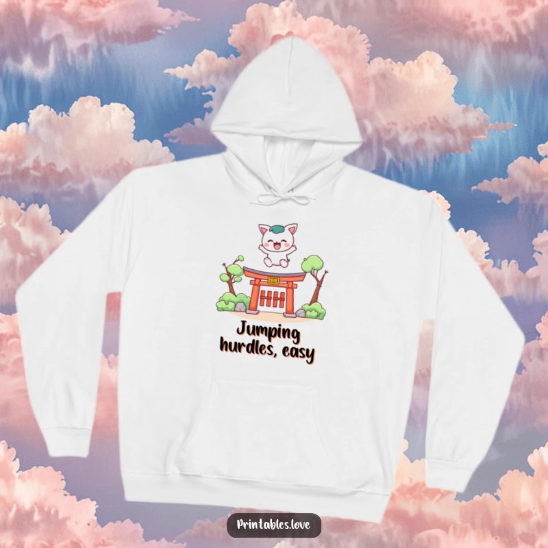 Funny Kawaii hoodie showing a cute character leaping over a torii gate, representing courage and excitement.